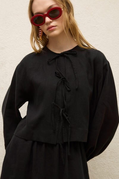 LINEN TIE DETAIL BLOUSE BLACK 