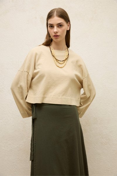 COTTON WIDE SLEEVE CROP BLOUSE BEIGE 