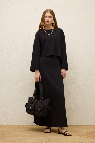 COTTON WIDE SLEEVE CROP BLOUSE BLACK 