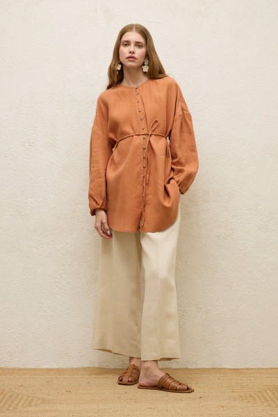 KETEN BALON KOL GÖMLEK KİREMİT 