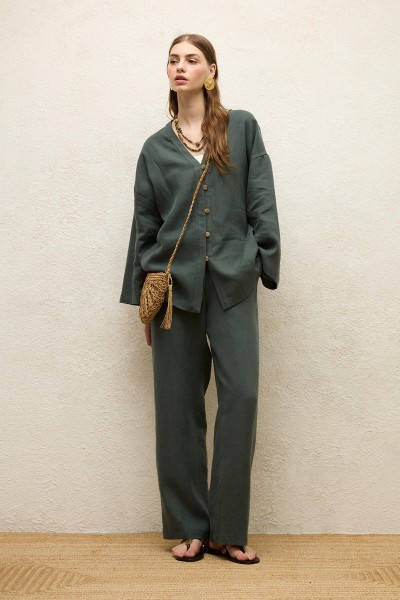 CEPLİ RAHAT KETEN PANTOLON YEŞİL 