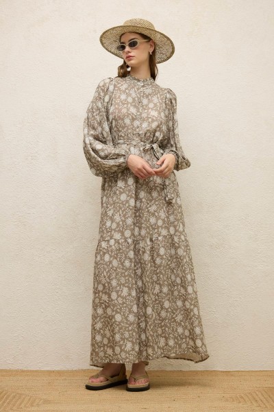 VISCOSE BALLOON SLEEVE DRESS ETHNIC-MINK 