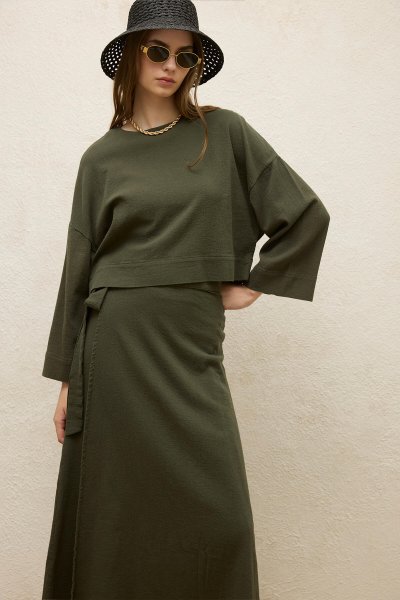 COTTON WIDE SLEEVE CROP BLOUSE EMERALD 