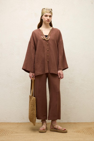 DÜĞMELİ KETEN GÖMLEK AĞAÇ KABUĞU 