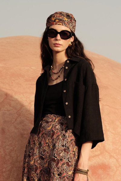 KETEN KISA KOL CROP GÖMLEK SİYAH 