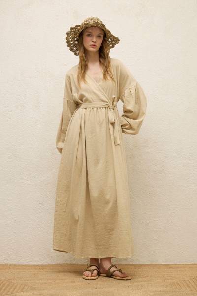 PAMUKLU KRUVAZE ELBİSE BEJ 