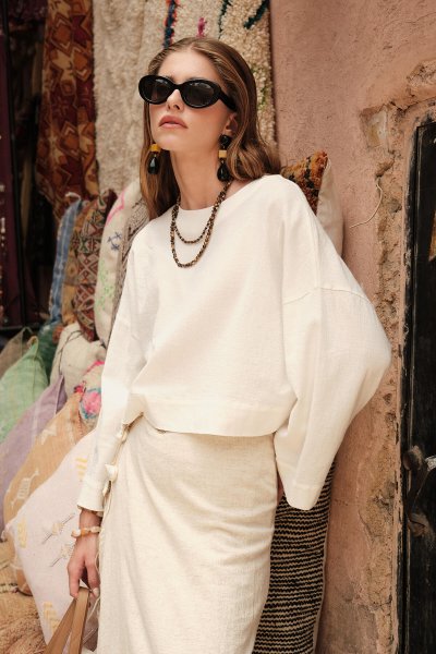 COTTON WIDE SLEEVE CROP BLOUSE ECRU 