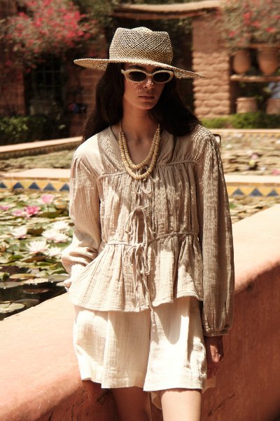 TIE DETAIL MUSLIN BLOUSE SAND 