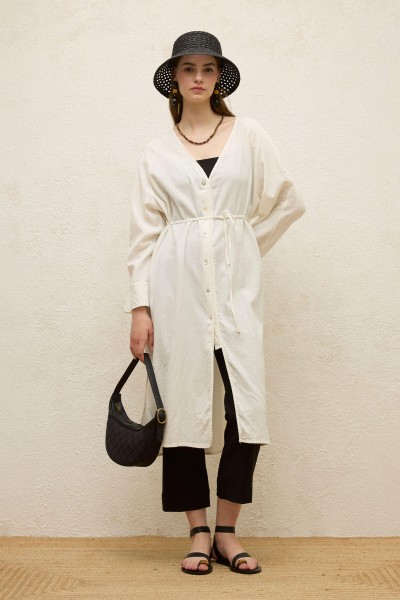 PAMUKLU BAĞLAMALI UZUN TUNİK EKRU 