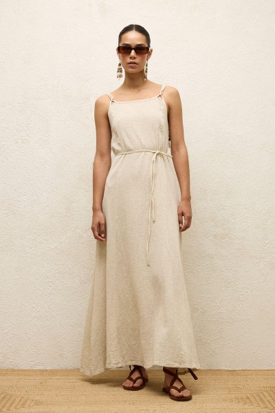 ASKILI PAMUKLU ELBİSE NATURAL 