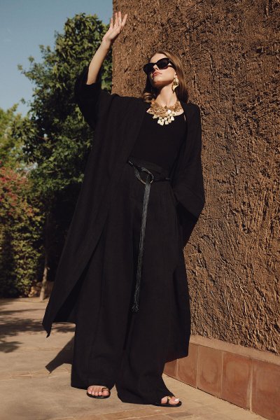 KETEN UZUN KİMONO CEKET SİYAH 