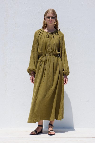 BAĞLAMA DETAYLI MUSLİN ELBİSE YEŞİL 