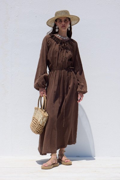 BAĞLAMA DETAYLI MUSLİN ELBİSE KAHVERENGİ 