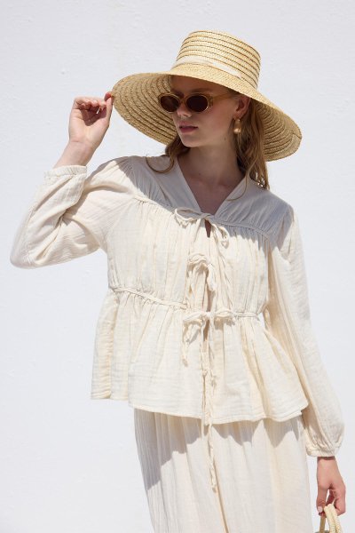 TIE DETAIL MUSLIN BLOUSE ECRU 