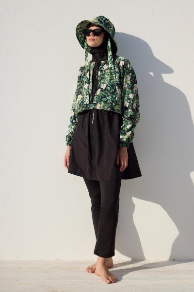 RÜZGARLIKLI 3'LÜ TESETTÜR MAYO TAKIMI YAPRAK 