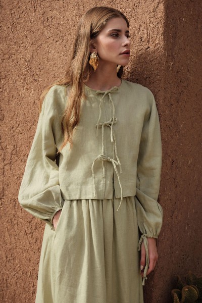 LINEN TIE DETAIL BLOUSE SAGE 