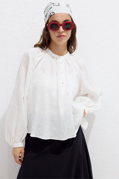 FINE LINEN PACKED COLLAR SHIRT Ecru 