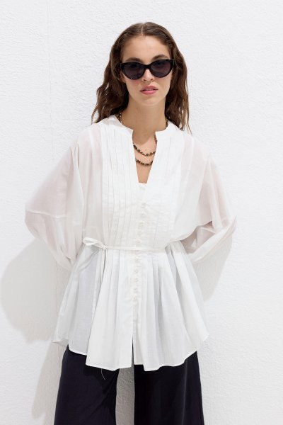 RIBBED DETAIL VOUCHER TUNIC ECRU 