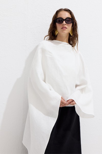 ASYMMETRIC LINEN CAPE BLOUSE ECRU 