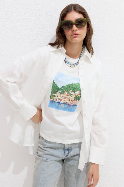 İNCE KETEN OVERSIZE GÖMLEK EKRU 