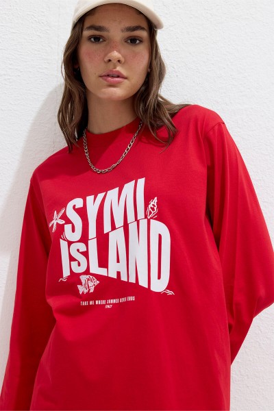BASKILI UZUN KOLLU TSHIRT ISLAND 