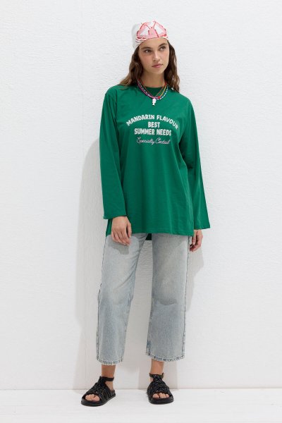 BASKILI UZUN KOLLU TSHIRT MANDARIN 