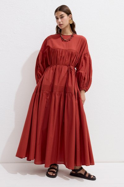 BÜZGÜLÜ OVERSIZE VUAL ELBİSE TURUNCU 