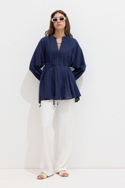 RIBBED DETAIL VOUCHER TUNIC NAVY BLUE 