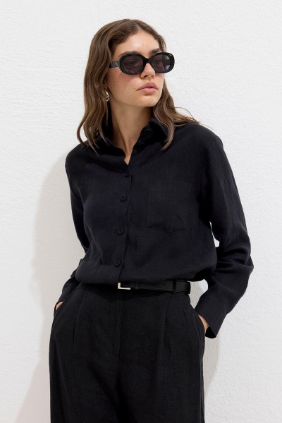 COATED BUTTON LINEN FIT SHIRT BLACK 
