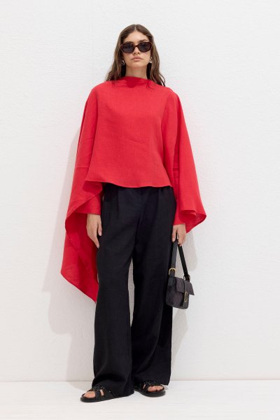 ASYMMETRIC LINEN CAPE BLOUSE RED 