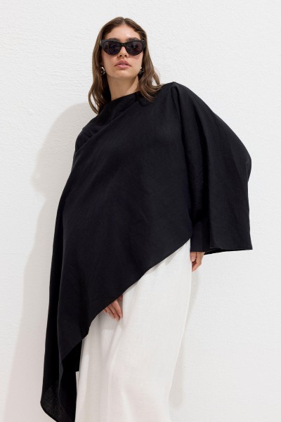 ASYMMETRIC LINEN CAPE BLOUSE BLACK 