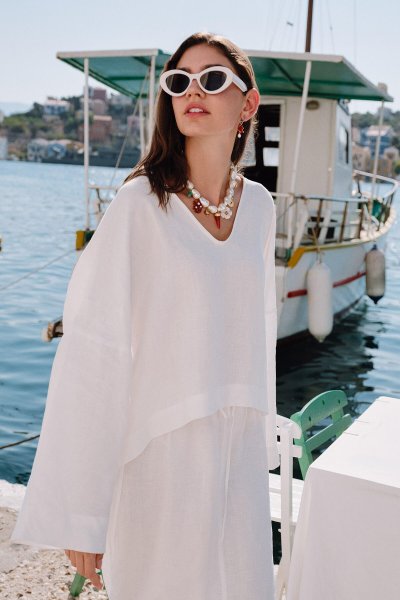 PREMIUM V-NECK LINEN BLOUSE ECRU 