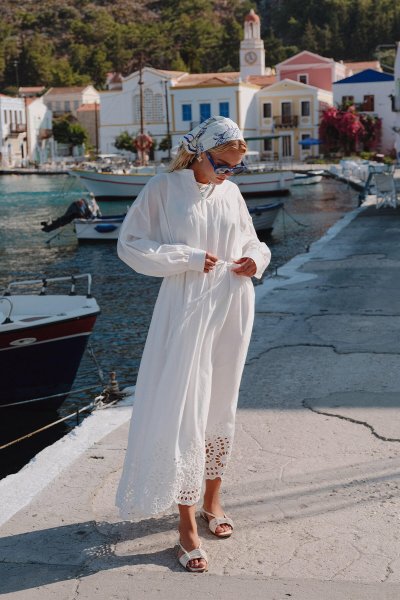 BRODE NAKIŞLI ELBİSE EKRU 