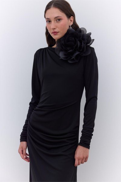 HAILEY DRAPELİ ABİYE ELBİSE SİYAH 