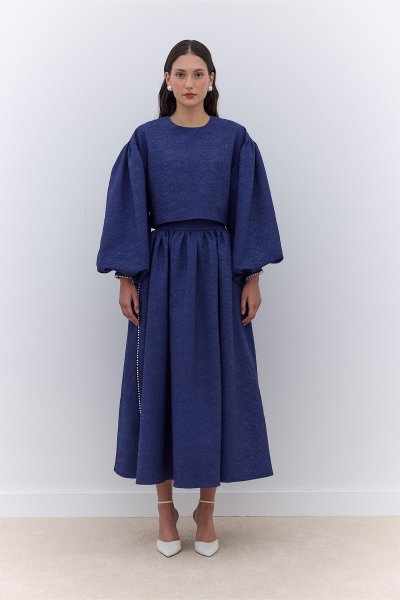 PEARL DETAIL JACQUARD SKIRT NIGHT BLUE 