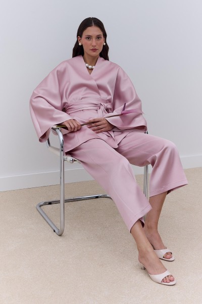 SATEN DÜZ PAÇA PANTOLON PUDRA 