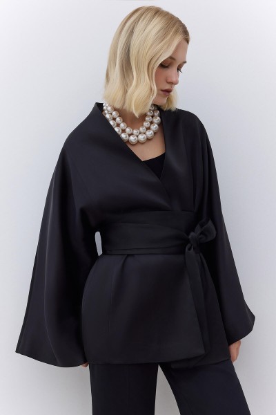 SATEN KEMERLİ KİMONO SİYAH 