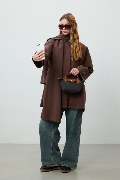 STOKHOLM ŞAL DETAYLI OVERSIZE TRENÇKOT KAHVERENGİ 