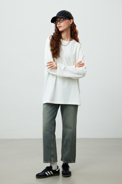 OVERSIZE PAMUKLU UZUN KOL TSHIRT EKRU