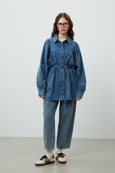 BALLOON SLEEVE DENIM SHIRT BLUE 