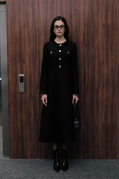 DOKULU DÜĞMELİ ELBİSE SİYAH 