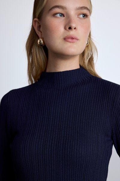 HIGH COLLAR KNITWEAR BLOUSE DARK BLUE 