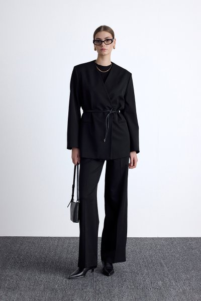 CLASSIC LOOK BELT BLAZER JACKET BLACK 