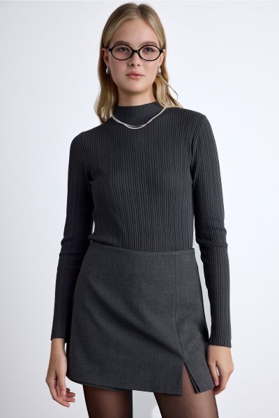 HIGH COLLAR KNITWEAR BLOUSE ANTHRACITE 