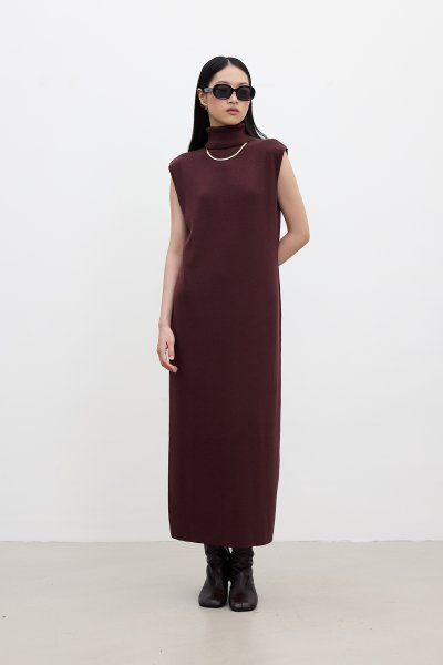 SLEEVELESS HIGH COLLAR KNITWEAR DRESS CLARET RED 