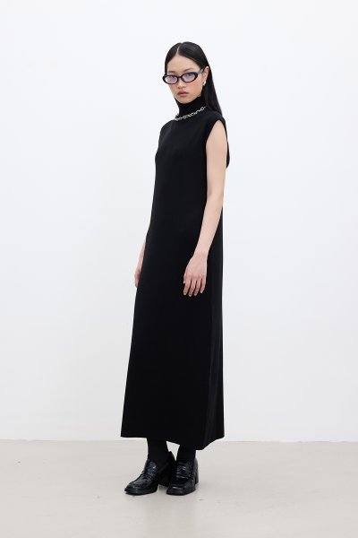 SLEEVELESS HIGH-NECK KNIT DRESS BLACK 