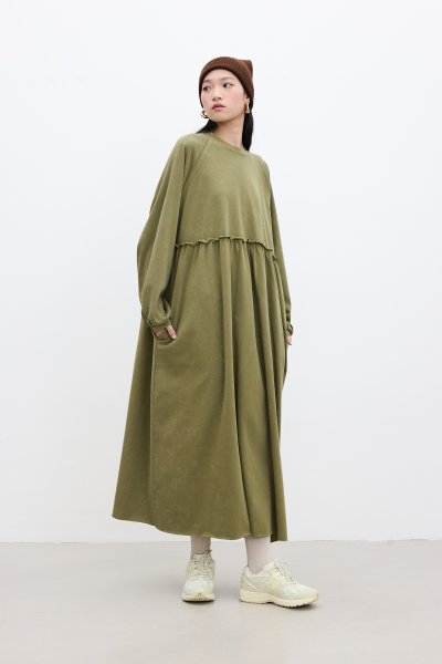 OVERSIZE SHIRRING DRESS OIL GREEN 