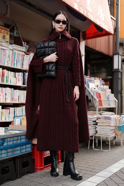 SAÇ ÖRGÜLÜ TRİKO ELBİSE BORDO 