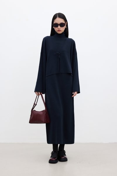 SLEEVELESS HIGH COLLAR KNITWEAR DRESS NAVY BLUE 