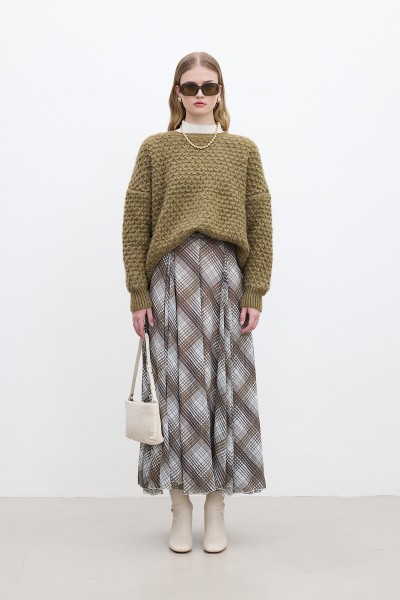 FLOWLING WIDE SKIRT PLAID BROWN 